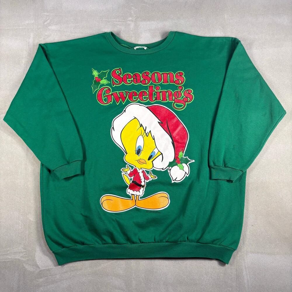 Vintage 1995 Tweety Bird Seasons Gweetings‎ Christmas Sweatshirt Green XL